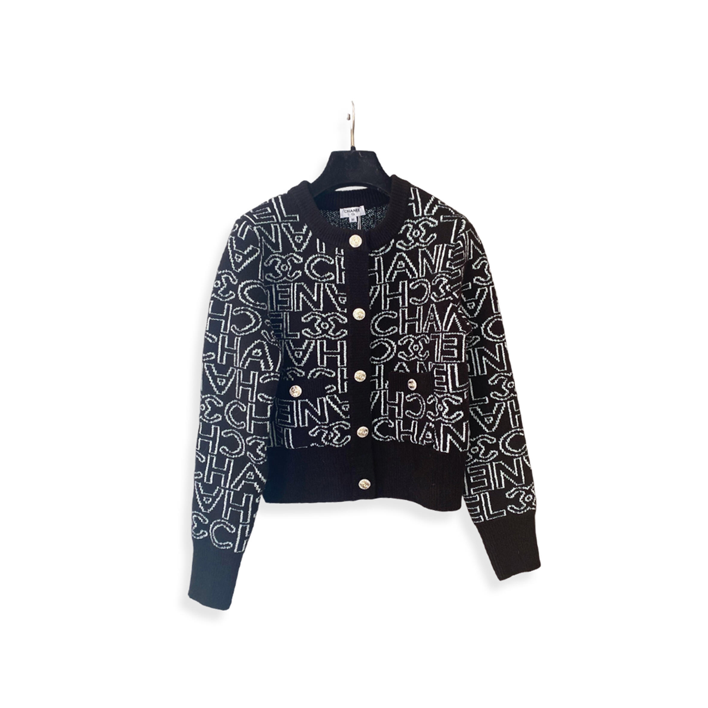 Ch**el letter jacquard crew neck knit cardigan